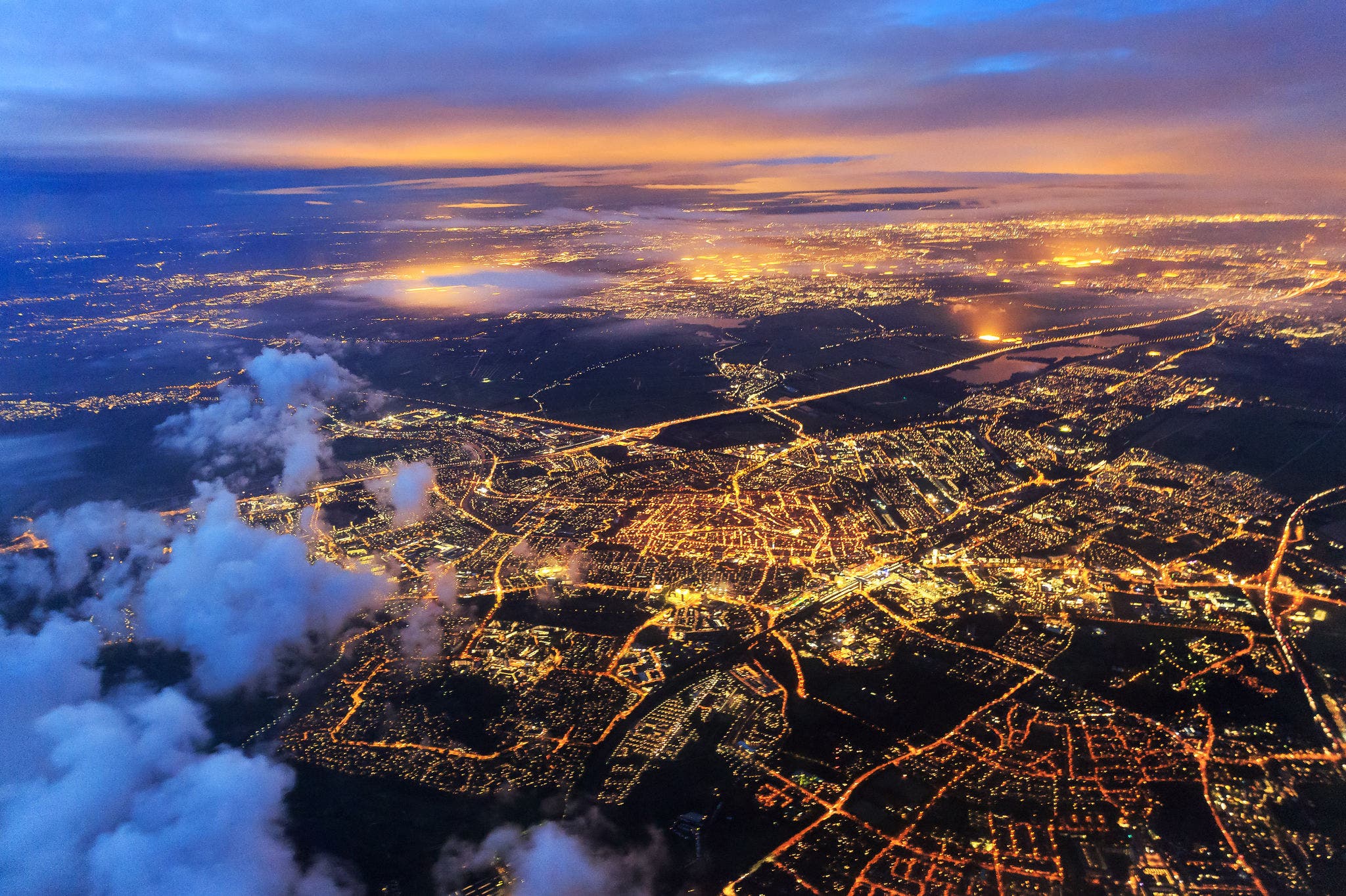 Beautiful aerial cityscape view of the city of Leiden, the Netherlands, after sunset at night in the blue hour, Beautiful aerial cityscape view of the city of Leiden, the Nethe