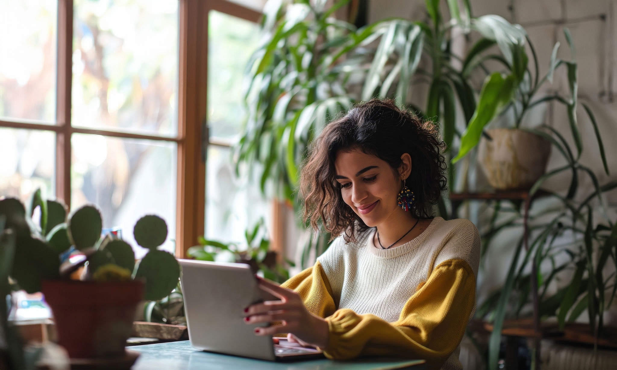 Young smiling woman remote working on laptop